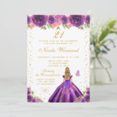 紫の花柄ブロンドヘアのプリンセス 誕生日パーティー 招待状 (スタンド正面)