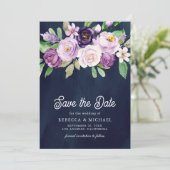 紫の花柄写真 ネイビーブルーの結婚式 セーブザデート (スタンド正面)