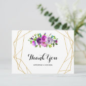 紫の花柄幾何学デザインの結婚式のお礼カード サンキューカード (スタンド正面)