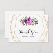 紫の花柄幾何学デザインの結婚式のお礼カード サンキューカード (正面/裏面)
