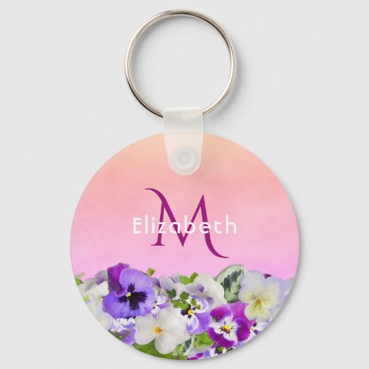 紫の花模様ピンクのモノグラム キーホルダー (正面)