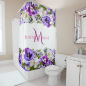 紫の花模様ホワイトモノグラム名 シャワーカーテン (インサイチュ)