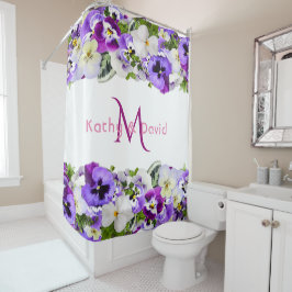 紫の花模様ホワイトモノグラム名 シャワーカーテン
