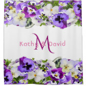 紫の花模様ホワイトモノグラム名 シャワーカーテン (正面)