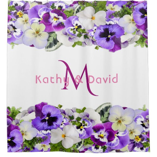 紫の花模様ホワイトモノグラム名 シャワーカーテン (正面)