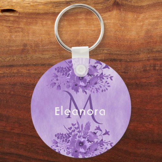 紫の花模様モノグラム名ヴィンテージ キーホルダー (裏面)