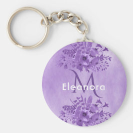 紫の花模様モノグラム名ヴィンテージ キーホルダー