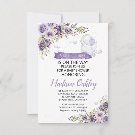 紫の花模様小さなバニーの赤ちゃんシャワー 案内状 (正面)
