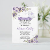 紫の花模様小さなバニーの赤ちゃんシャワー 案内状 (スタンド正面)