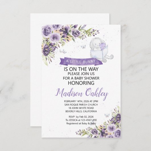 紫の花模様小さなバニーの赤ちゃんシャワー 案内状 (正面/裏面)