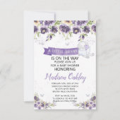 紫の花模様小さなバニー赤ちゃんシャワー発表 案内状 (正面)