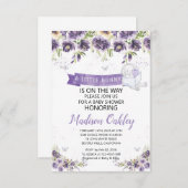 紫の花模様小さなバニー赤ちゃんシャワー発表 案内状 (正面/裏面)