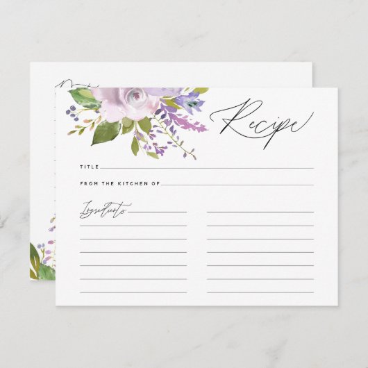 紫の花模様書道スクリプトレシピカード エンクロージャーカード (正面/裏面)