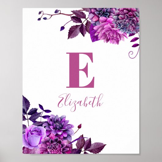 紫の花。ベビーガール名&モノグラム。子供部屋 ポスター (正面)