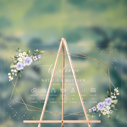 紫の花、白い花、結婚式のタイムライン アクリルサイン (ニュートラル)