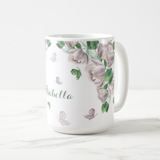 紫の花 緑の葉 蝶 コーヒーマグカップ (正面右)