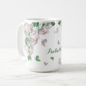 紫の花 緑の葉 蝶 コーヒーマグカップ (正面左)