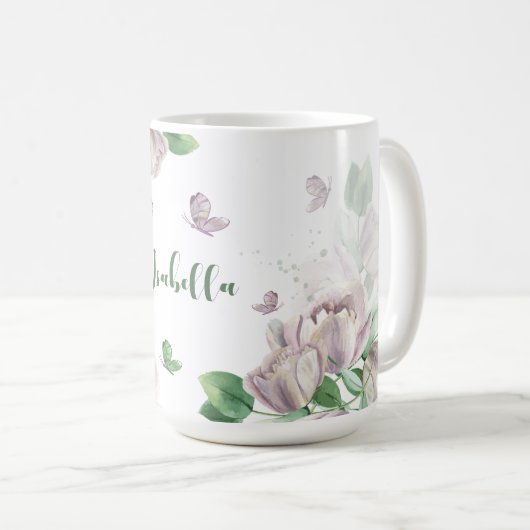 紫の花 緑の葉 蝶 コーヒーマグカップ (正面右)