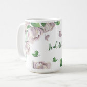 紫の花 緑の葉 蝶 コーヒーマグカップ (正面左)