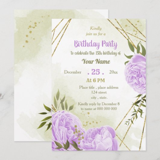 紫の花 緑の葉 誕生日パーティー 招待状 (正面/裏面)