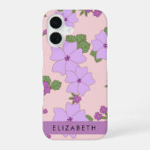 紫の花、花の模様、お名前 iPhone 16ケース (裏面)