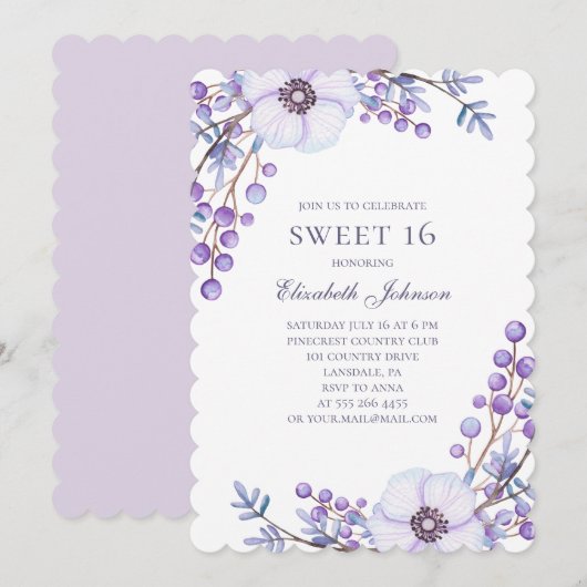 紫の花 Sweet 16. 花の16歳の誕生日 招待状 (正面/裏面)
