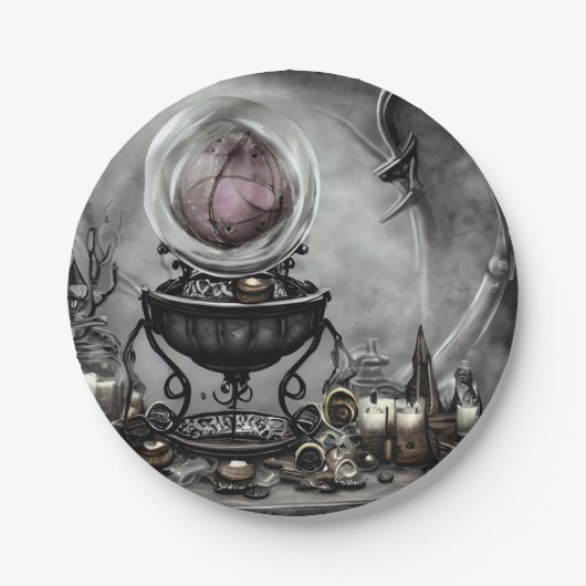 紫の華美クリスタルボールとウィッチクラフトのアイテム ペーパープレート (正面)