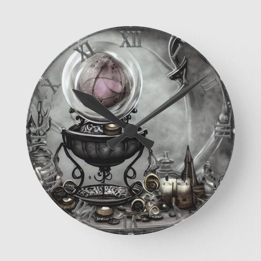 紫の華美クリスタルボールとウィッチクラフトのアイテム ラウンド壁時計 (正面)