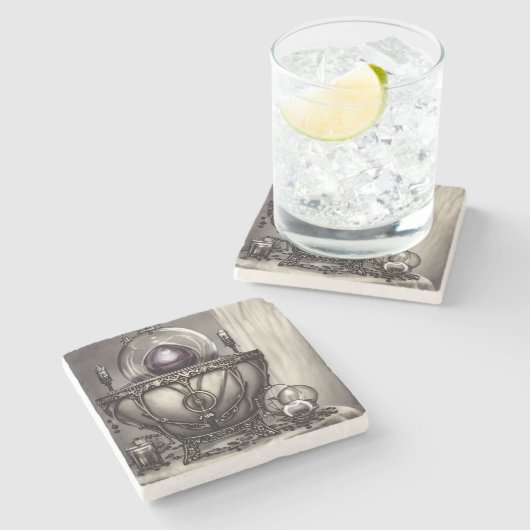 紫の華美クリスタルボールを持つ銀色の釜 ストーンコースター (横)