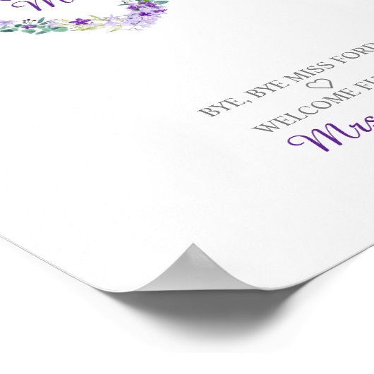 紫の葉と花の水彩ハート ポスター (角)