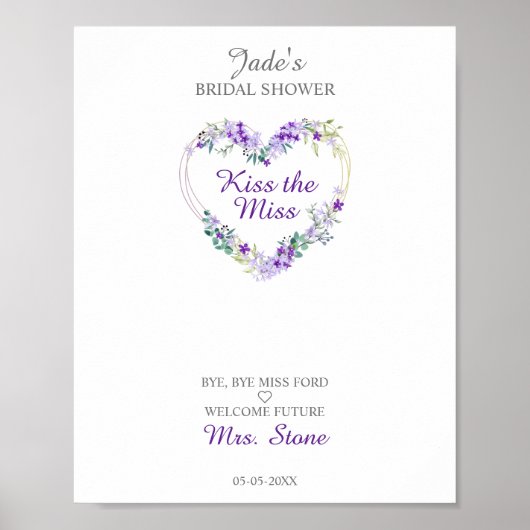 紫の葉と花の水彩ハート ポスター (正面)