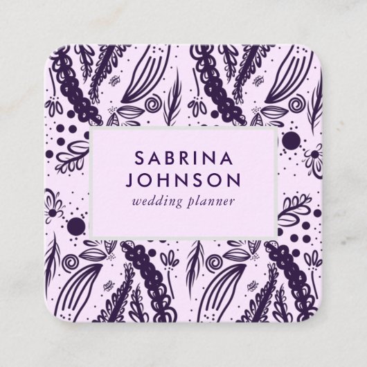 紫の葉水玉模様はピンクのフローラ スクエア名刺 (正面)