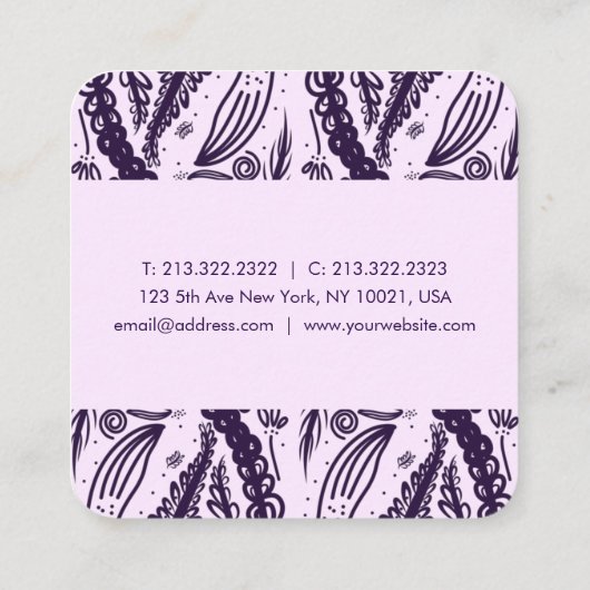 紫の葉水玉模様はピンクのフローラ スクエア名刺 (裏面)