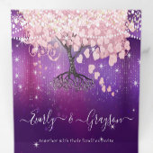 紫の薄紫とピンクのハートの葉結婚の木の三角形 –  三つ折り招待状 (内部最初)