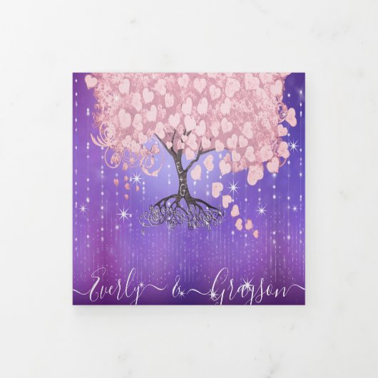 紫の薄紫とピンクのハートの葉結婚の木の三角形 –  三つ折り招待状 (カバー)