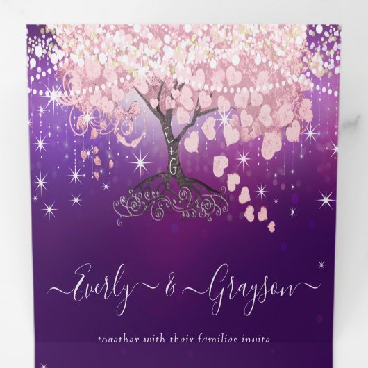 紫の薄紫とピンクのハートの葉結婚の木 三つ折り招待状 (内部最初)