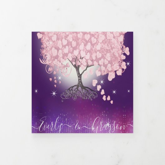 紫の薄紫とピンクのハートの葉結婚の木 三つ折り招待状 (カバー)