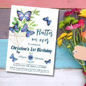 紫の薄紫とブルーバタフライをテーマにした第1の誕生日 招待状