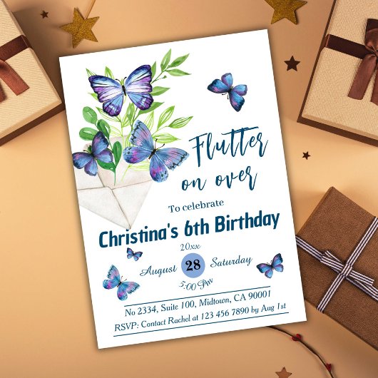 紫の薄紫とブルーバタフライをテーマにした6番目の誕生日 招待状
