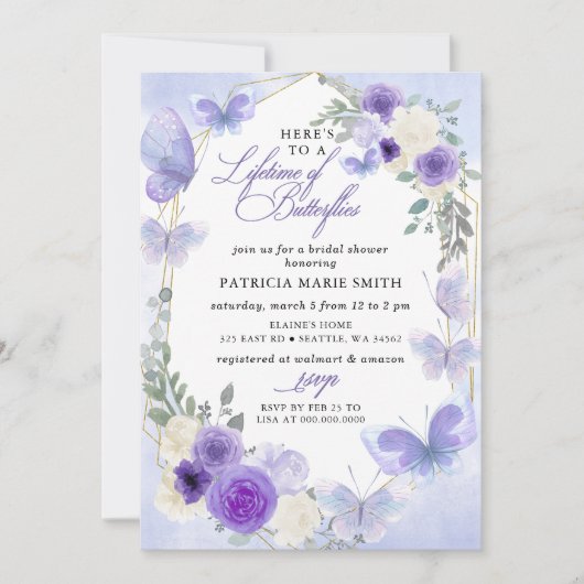 紫の薄紫の生涯蝶のブライダルシャワー 招待状 (正面)