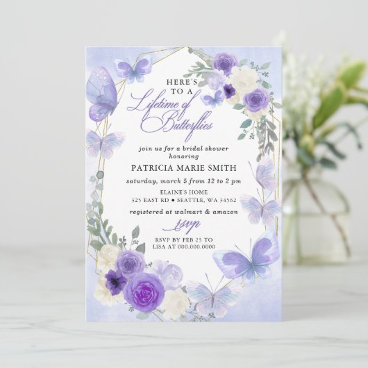 紫の薄紫の生涯蝶のブライダルシャワー 招待状 (スタンド正面)