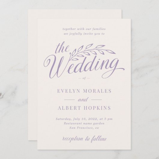 紫の薄紫エレガント素朴ヴィンテージ結婚スクリプト 招待状 (正面/裏面)