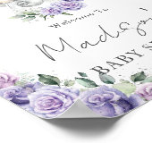 紫の薄紫フローラかわいい象の赤ちゃんシャワーのサイン ポスター (角)