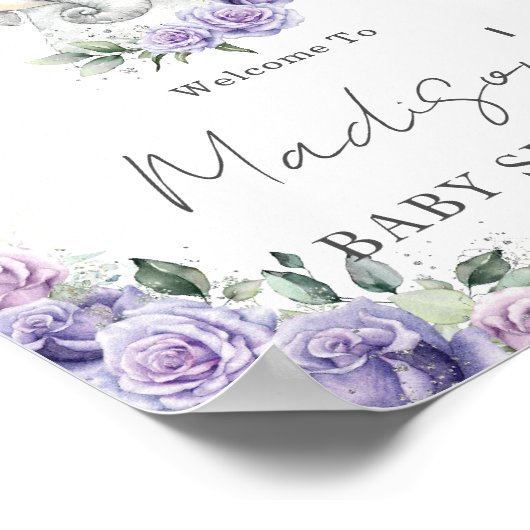紫の薄紫フローラかわいい象の赤ちゃんシャワーのサイン ポスター (角)