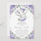 紫の薄紫フローラかわいい象の赤ちゃんシャワー 招待状 (正面)