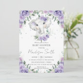 紫の薄紫フローラかわいい象の赤ちゃんシャワー 招待状 (スタンド正面)