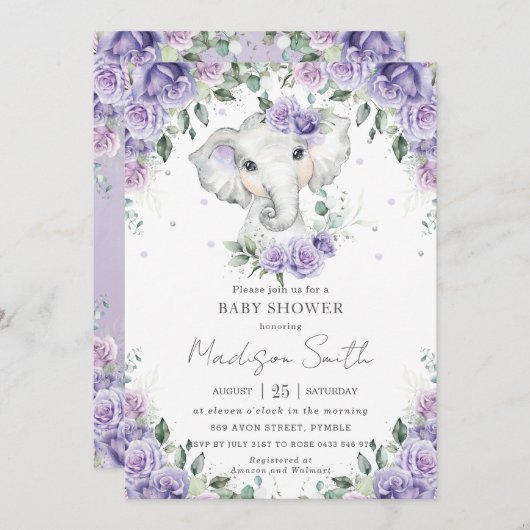 紫の薄紫フローラかわいい象の赤ちゃんシャワー 招待状 (正面/裏面)