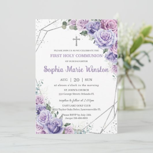 紫の薄紫フローラシルバーファースト聖餐式 招待状 (スタンド正面)