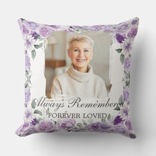 紫の薄紫フローラ写真葬式で愛の記憶 クッション (正面)