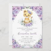 紫の薄紫フローラ愛らしいライオンキュブベビーシャワー 招待状 (正面)